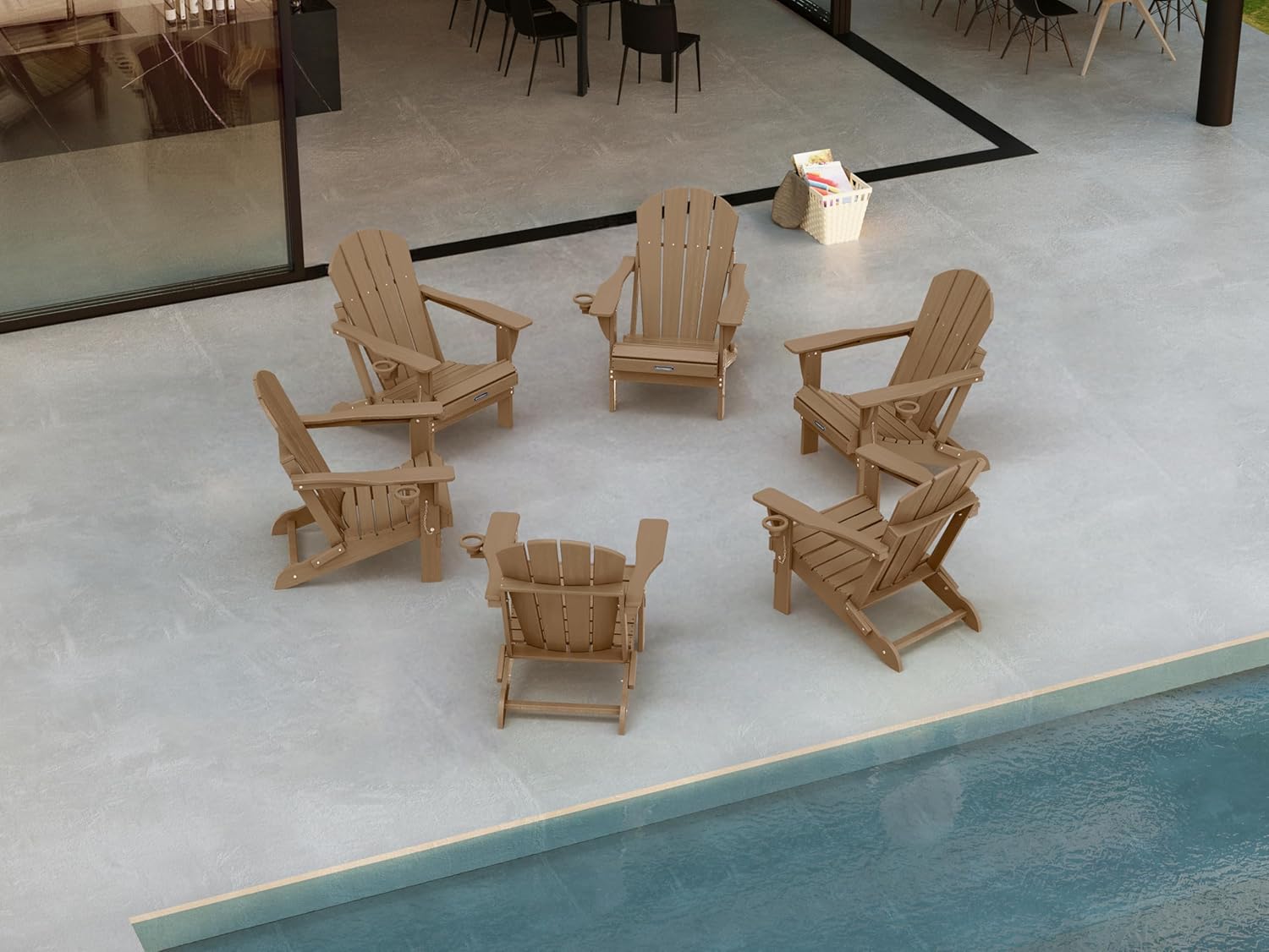 Ciokea Folding Adirondack Chair Wood Texture, Patio Adirondack Chair Weather Resistant, Plastic Fire Pit Chair with Cup Holder, Lawn Chair for Outdoor Porch Garden Backyard Deck (Teak)