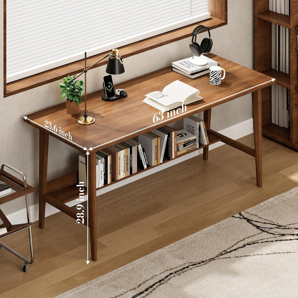 NOWIHOP 63" Solid Wood Office Desk, Mid-Century Modern Computer Desk with Storage Shelf, Large 2-Person Writing Study Table Workstation for Home Office, Walnut Finish