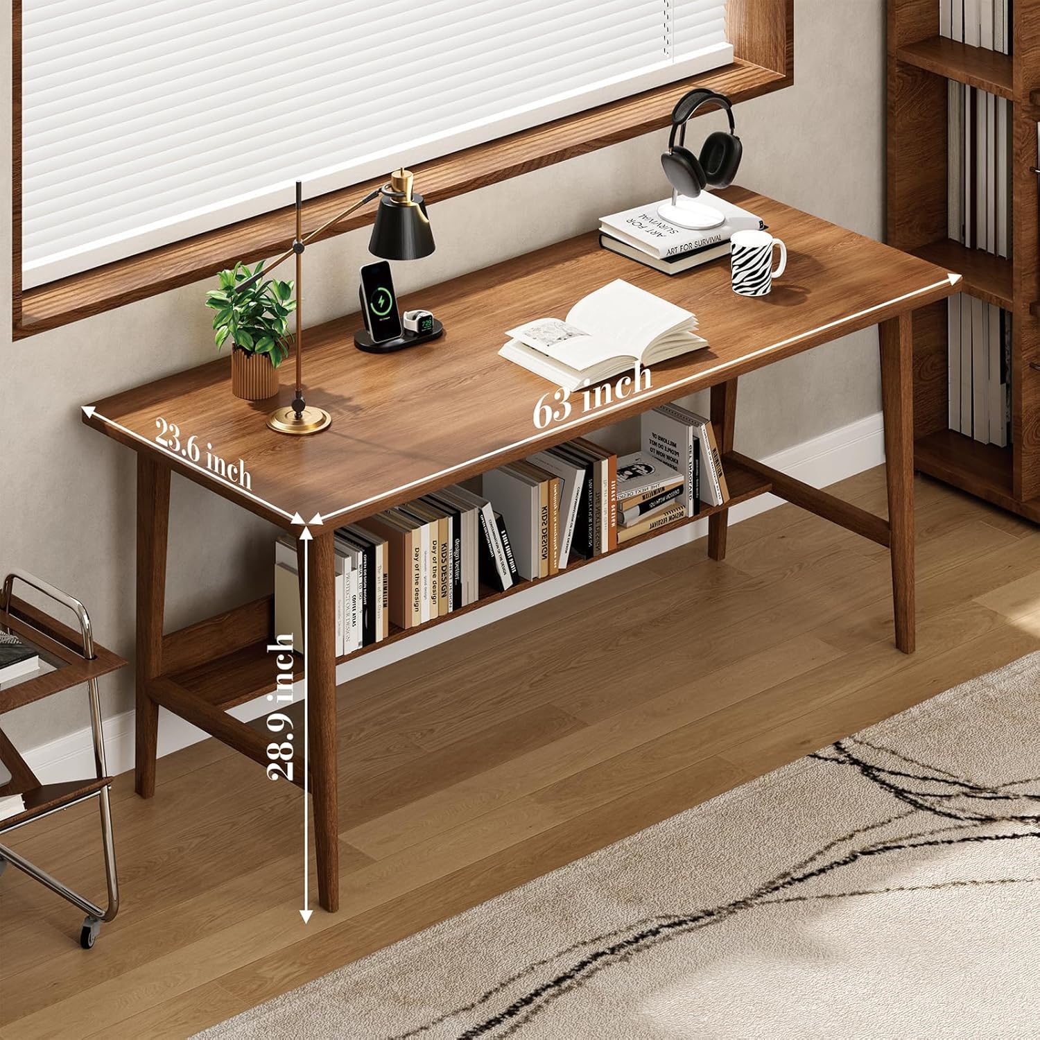 NOWIHOP 63" Solid Wood Office Desk, Mid-Century Modern Computer Desk with Storage Shelf, Large 2-Person Writing Study Table Workstation for Home Office, Walnut Finish