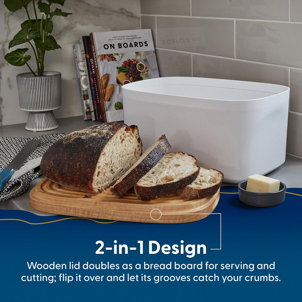 Sonder Los Angeles Union Large Bread Box | Fits Full Sourdough Loaves and More | Breadbox with Cutting Board | Homemade Bread Bin Storage Container | 14.25x9.25x7 in | White