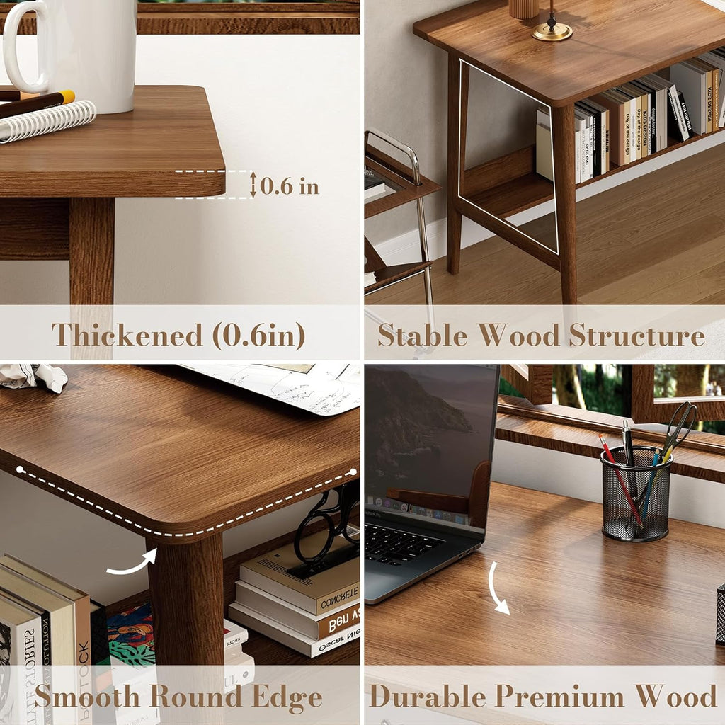 NOWIHOP 63" Solid Wood Office Desk, Mid-Century Modern Computer Desk with Storage Shelf, Large 2-Person Writing Study Table Workstation for Home Office, Walnut Finish