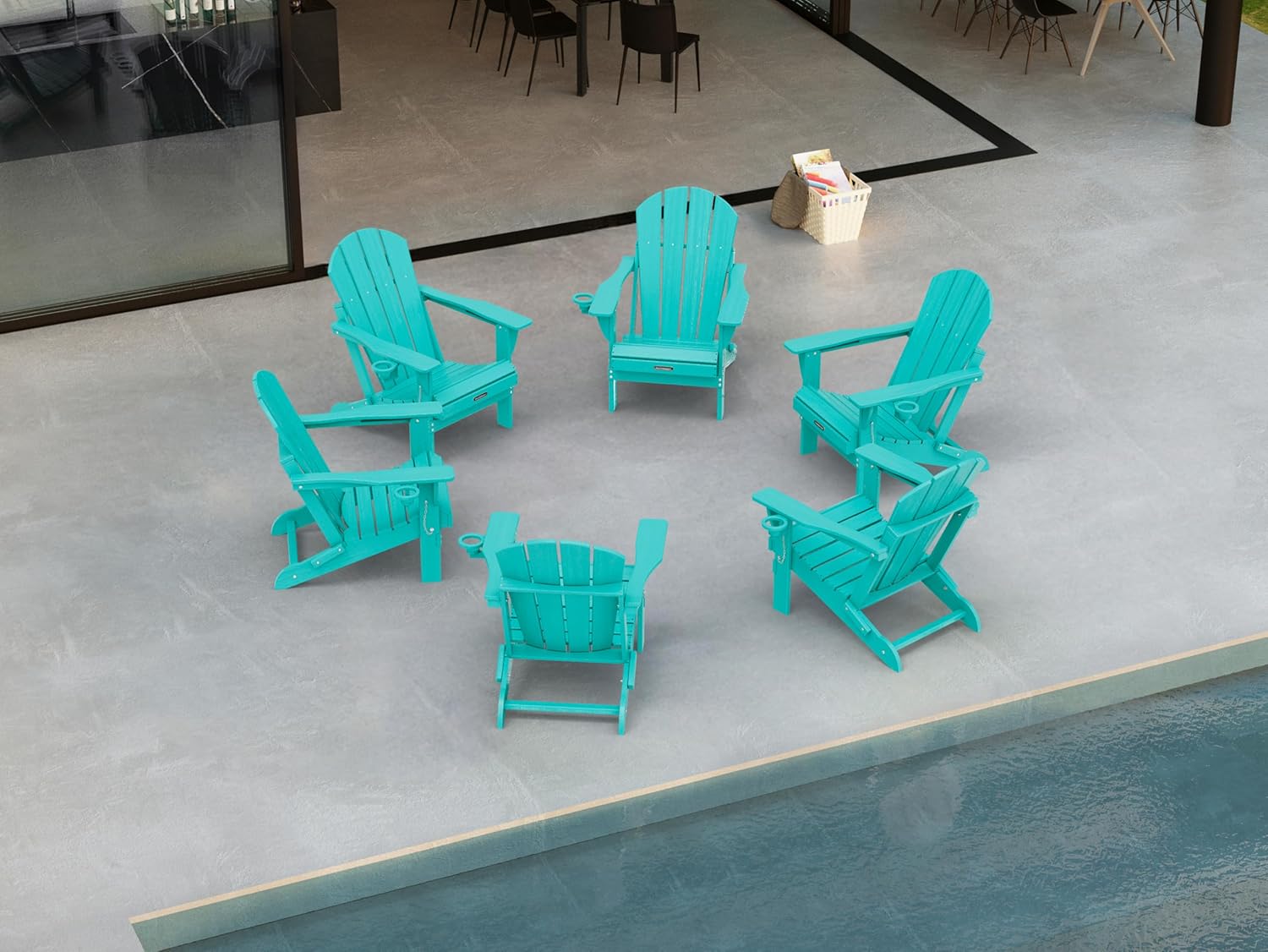 Ciokea Folding Adirondack Chair Wood Texture, Patio Adirondack Chair Weather Resistant, Plastic Fire Pit Chair with Cup Holder, Lawn Chair for Outdoor Porch Garden Backyard Deck (Teak)