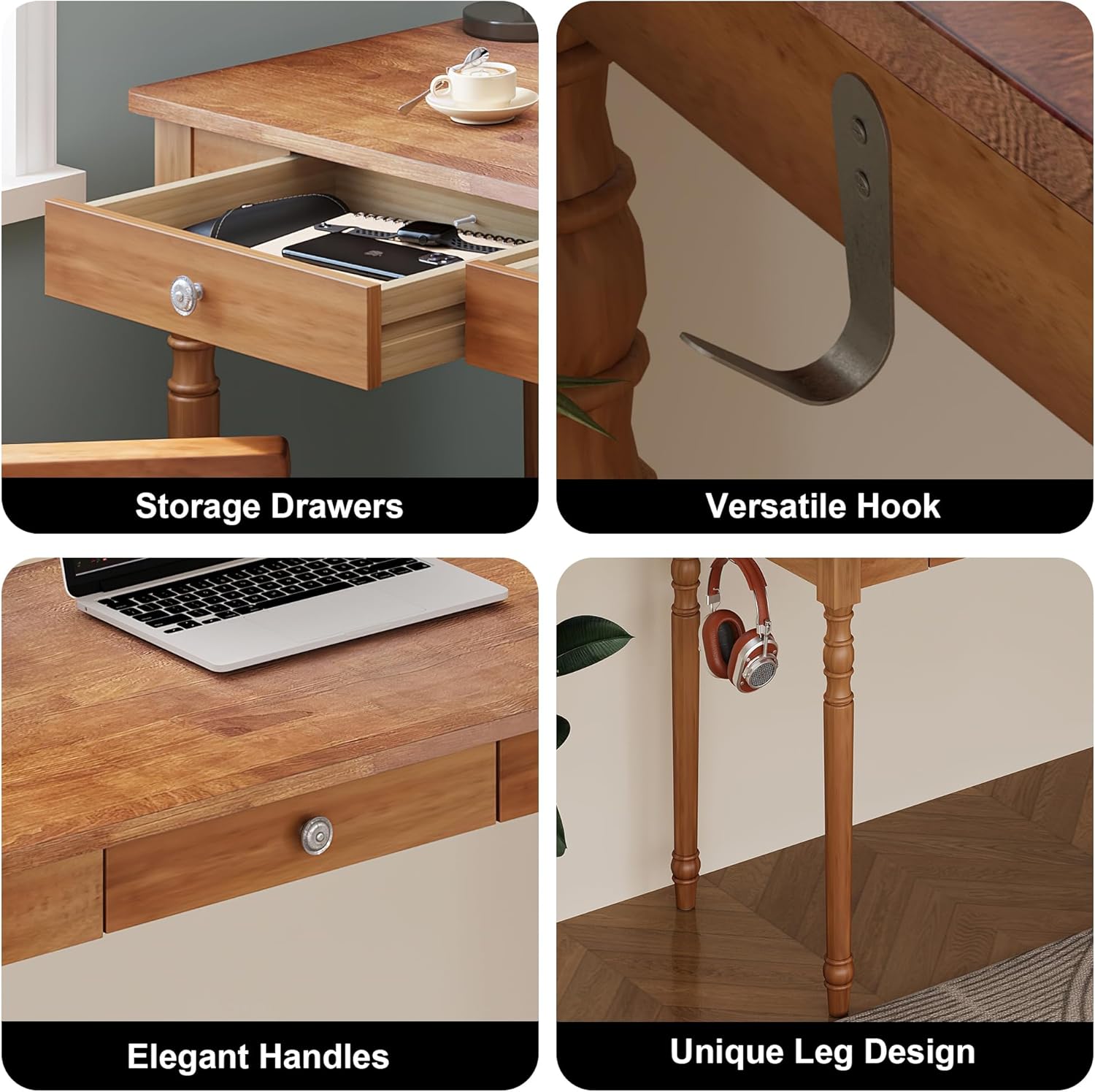 Vintage Solid Wood Writing Desk - 47.2" Mid Century Modern Desk with 2 Drawers, Wooden Computer Desks for Home Office, Large Secretary Desks, Traditional Vanity Dressing Table for Bedroom, Walnut