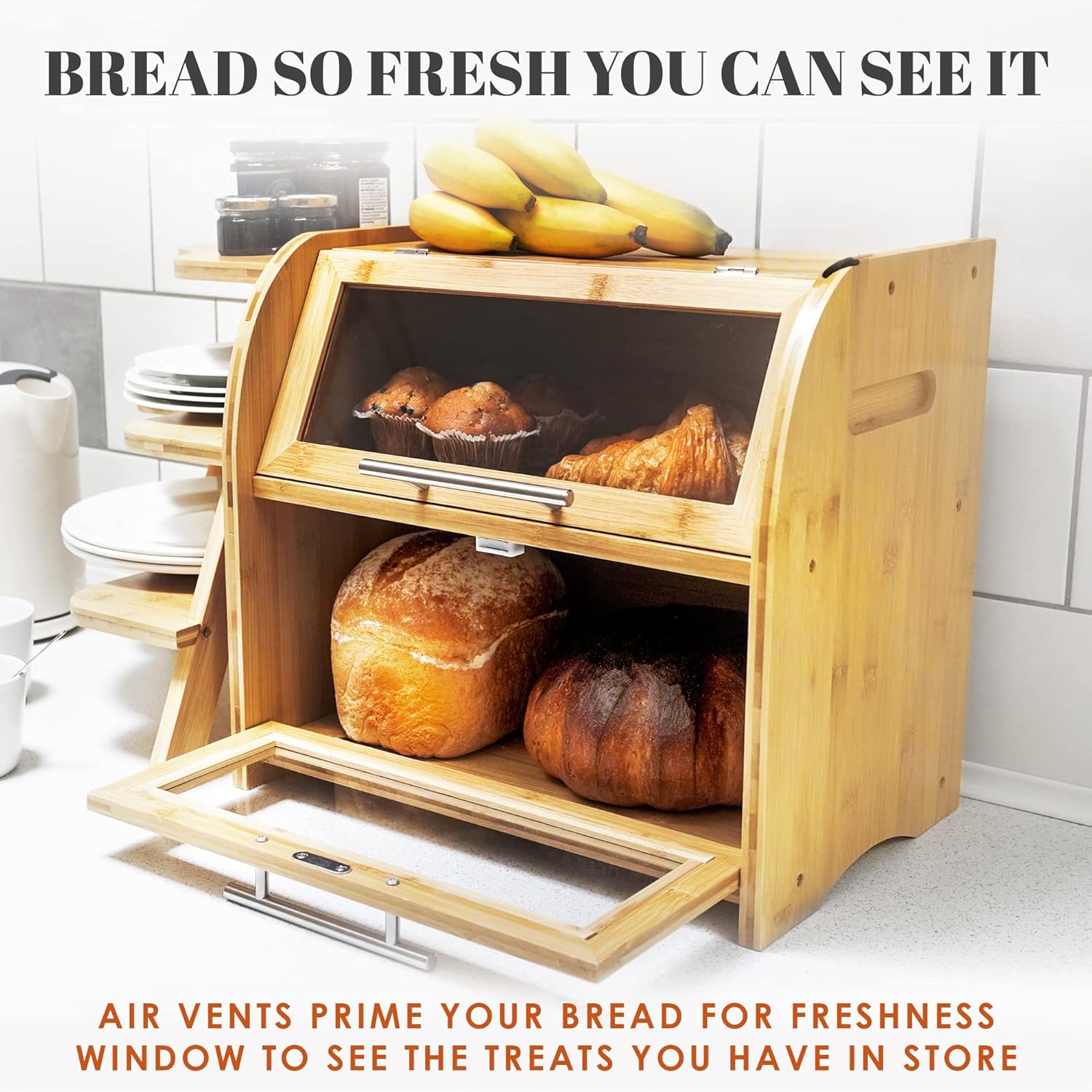 Arise Stylish Bamboo Bread Box for Kitchen Countertop, Extra Large 2-Shelf Wooden Bread Storage Container with Clear Windows and Air Vents Keep Bread, Bagels and Rolls Fresh, Self Assembly