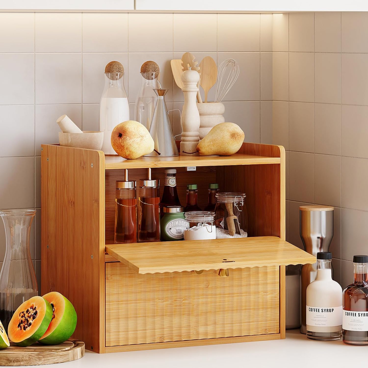 Trironsun Rustic Bread Box for Kitchen Countertop Bamboo Bread Storage Container Bin Double Layer BreadBox Farmhouse Large Capacity Food Organizer (Natural Bamboo)