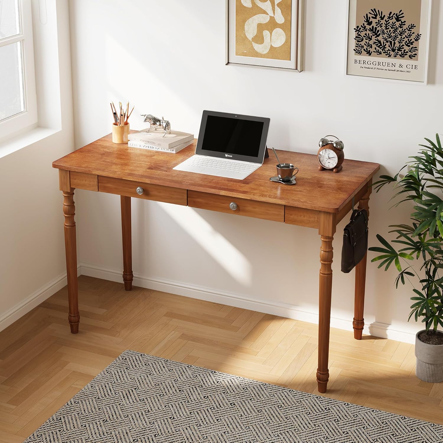Vintage Solid Wood Writing Desk - 47.2" Mid Century Modern Desk with 2 Drawers, Wooden Computer Desks for Home Office, Large Secretary Desks, Traditional Vanity Dressing Table for Bedroom, Walnut