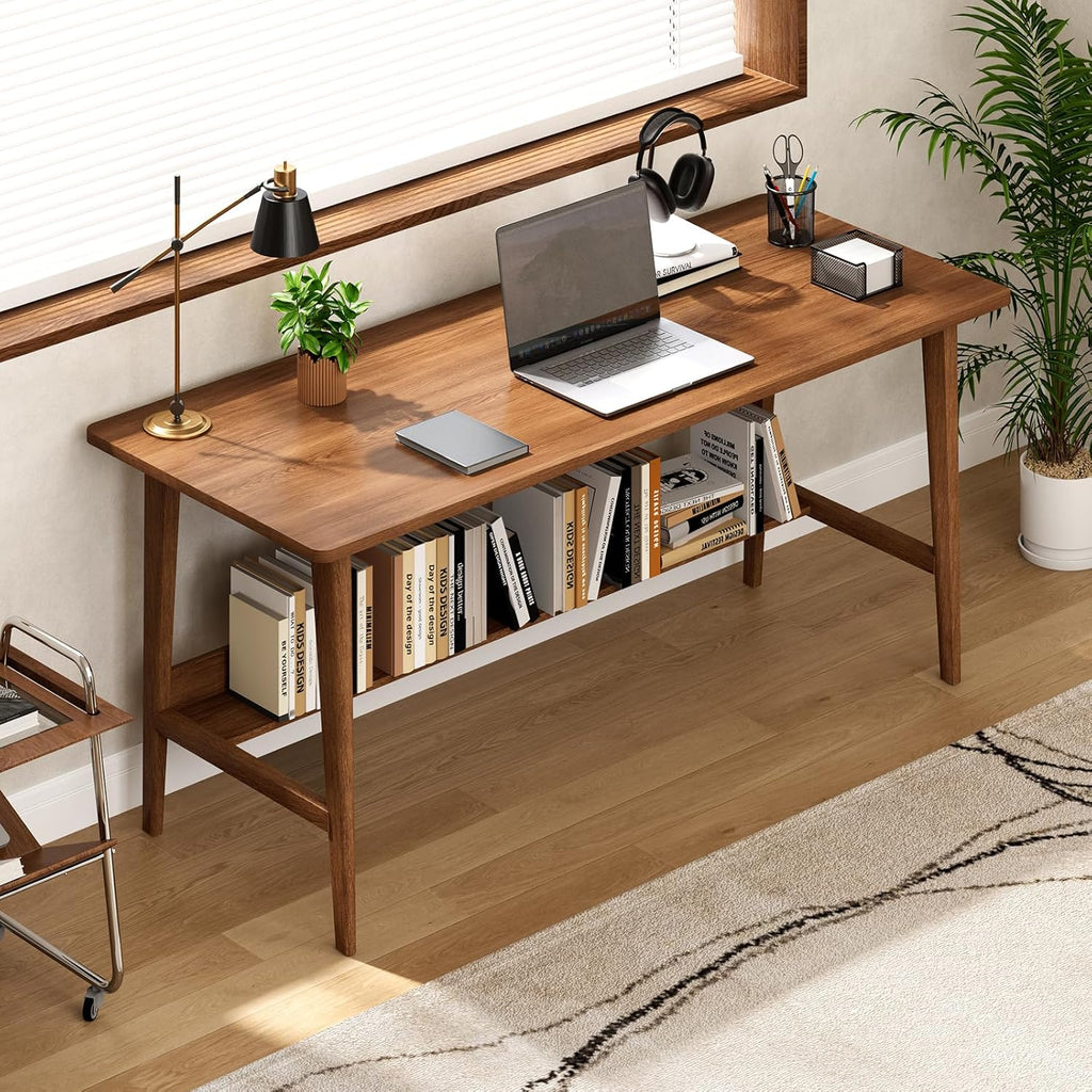 NOWIHOP 63" Solid Wood Office Desk, Mid-Century Modern Computer Desk with Storage Shelf, Large 2-Person Writing Study Table Workstation for Home Office, Walnut Finish