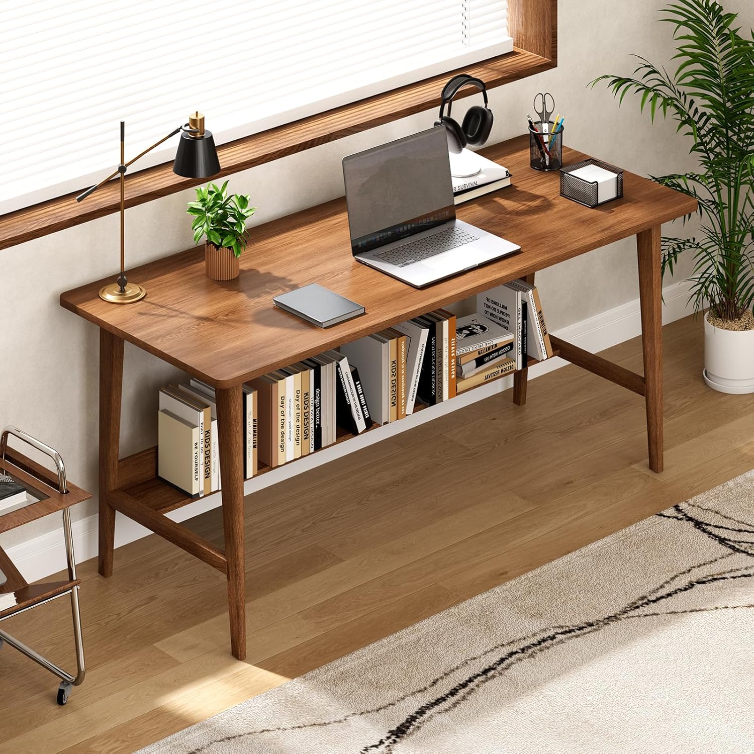 NOWIHOP 63" Solid Wood Office Desk, Mid-Century Modern Computer Desk with Storage Shelf, Large 2-Person Writing Study Table Workstation for Home Office, Walnut Finish