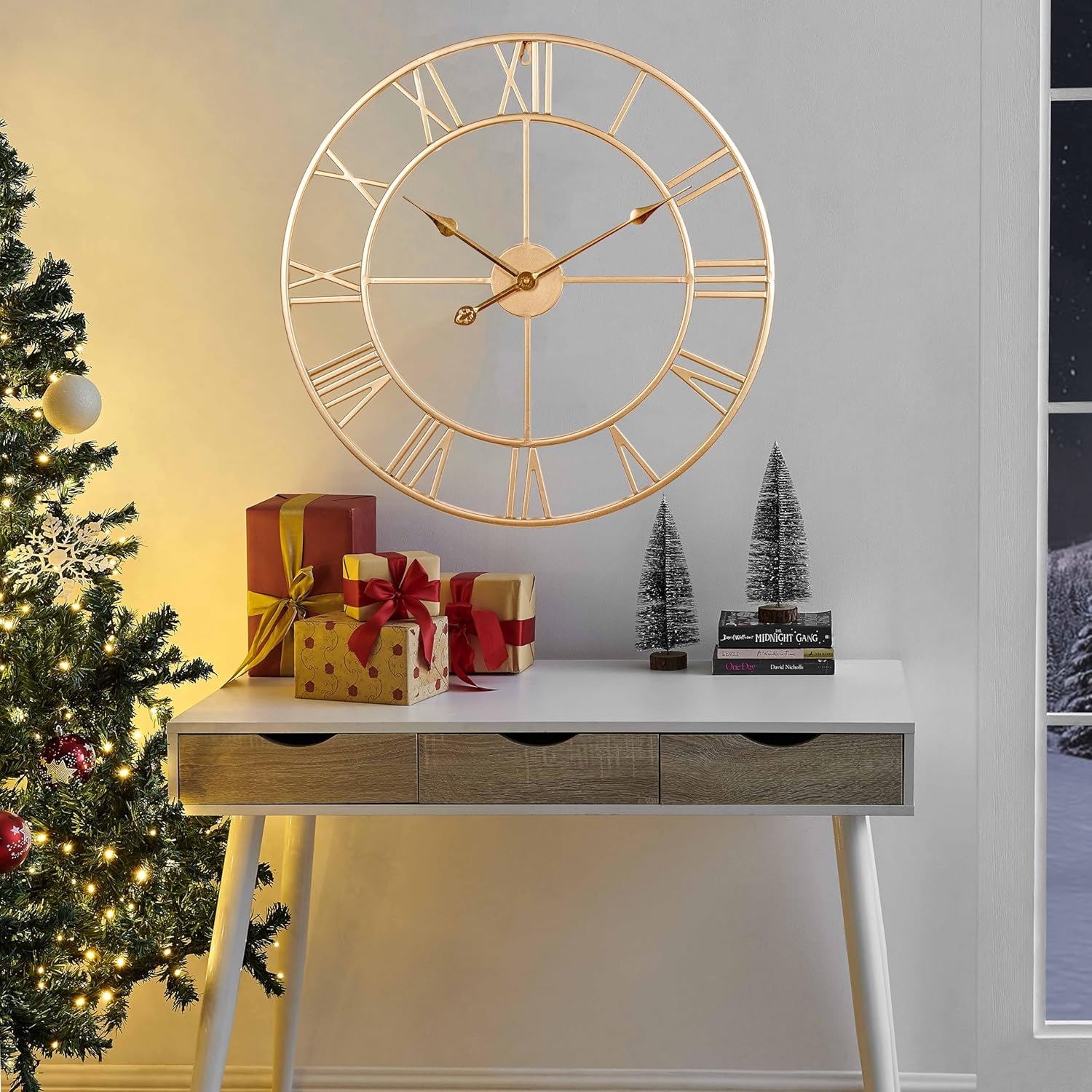 CLXEAST Champagne Gold Metal Wall Clock, Large Roman Numeral 24 Inch Wall Clocks for Living Room Decor,House Warming Gifts New Home