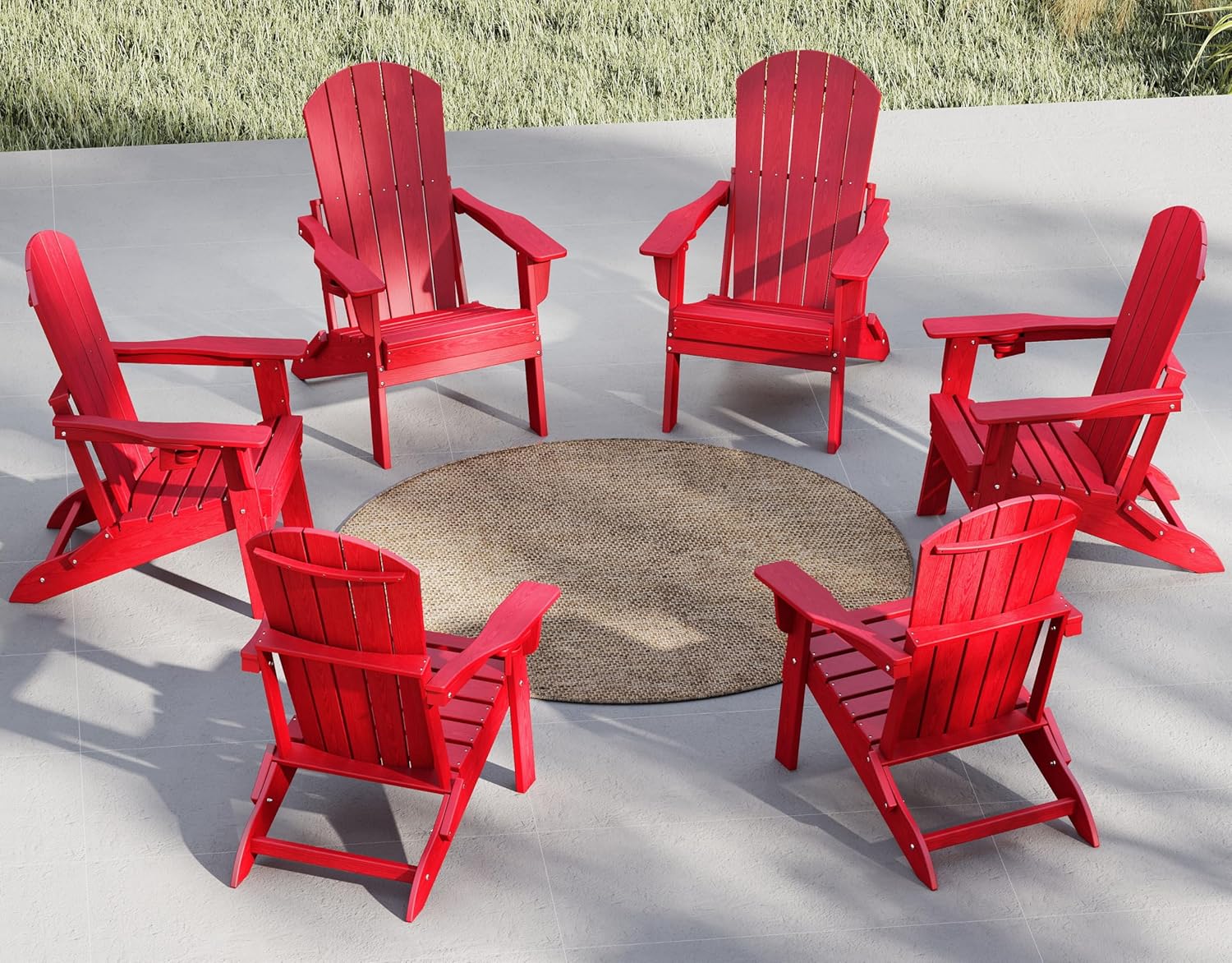 Plawdlik Folding Adirondack Chair, SGS Tested, Wooden Textured with Cup Holder, Heavy All-Weather HDPE Comfortable Set Poolside Backyard Lawn Black