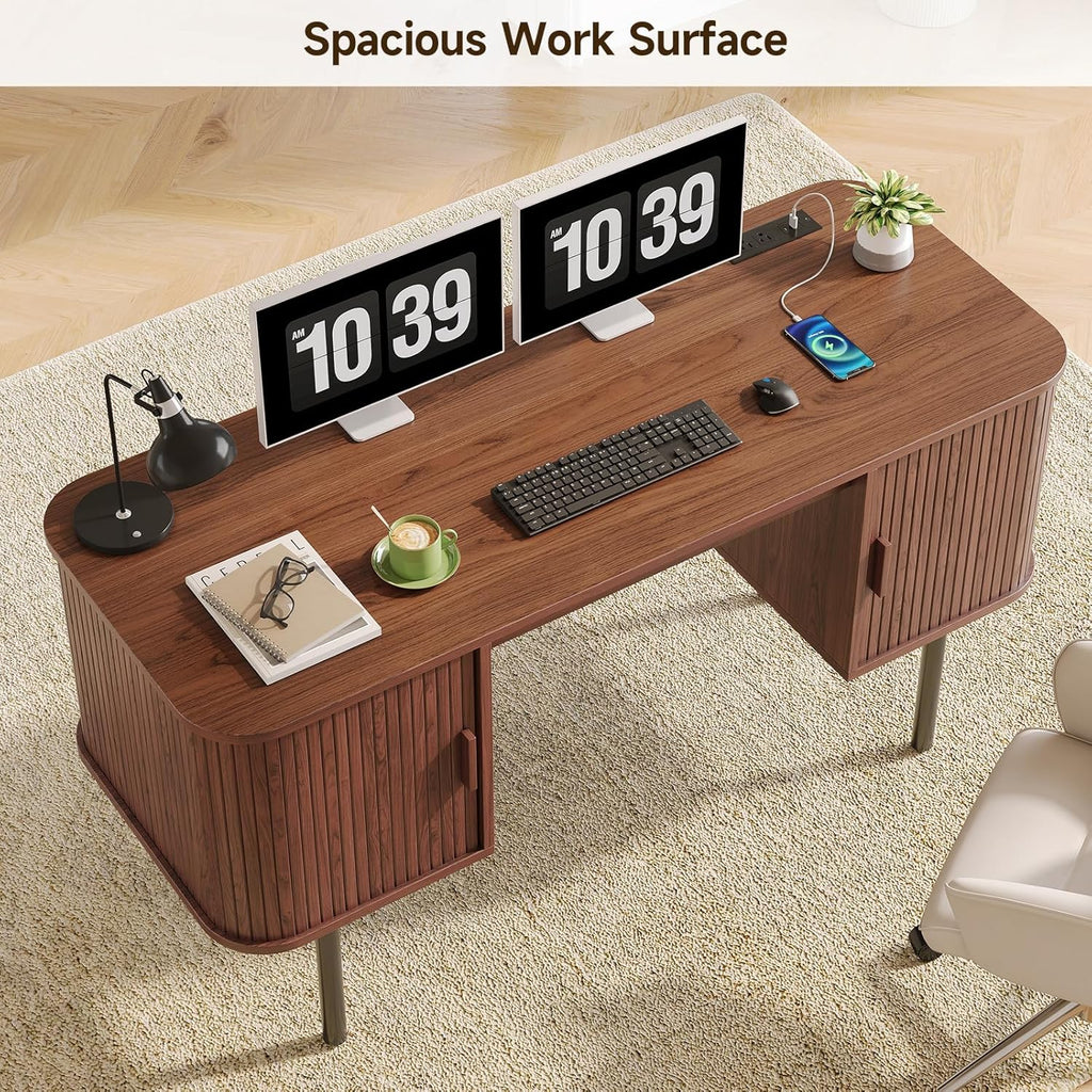 ONBRILL 55 Inch Fluted Computer Desk with Charging Station, Mid Century Executive Desk with 2 Storage Cabinets, Modern Home Office Large Desk with Metal Legs for Working, Studying, Writing, Walnut