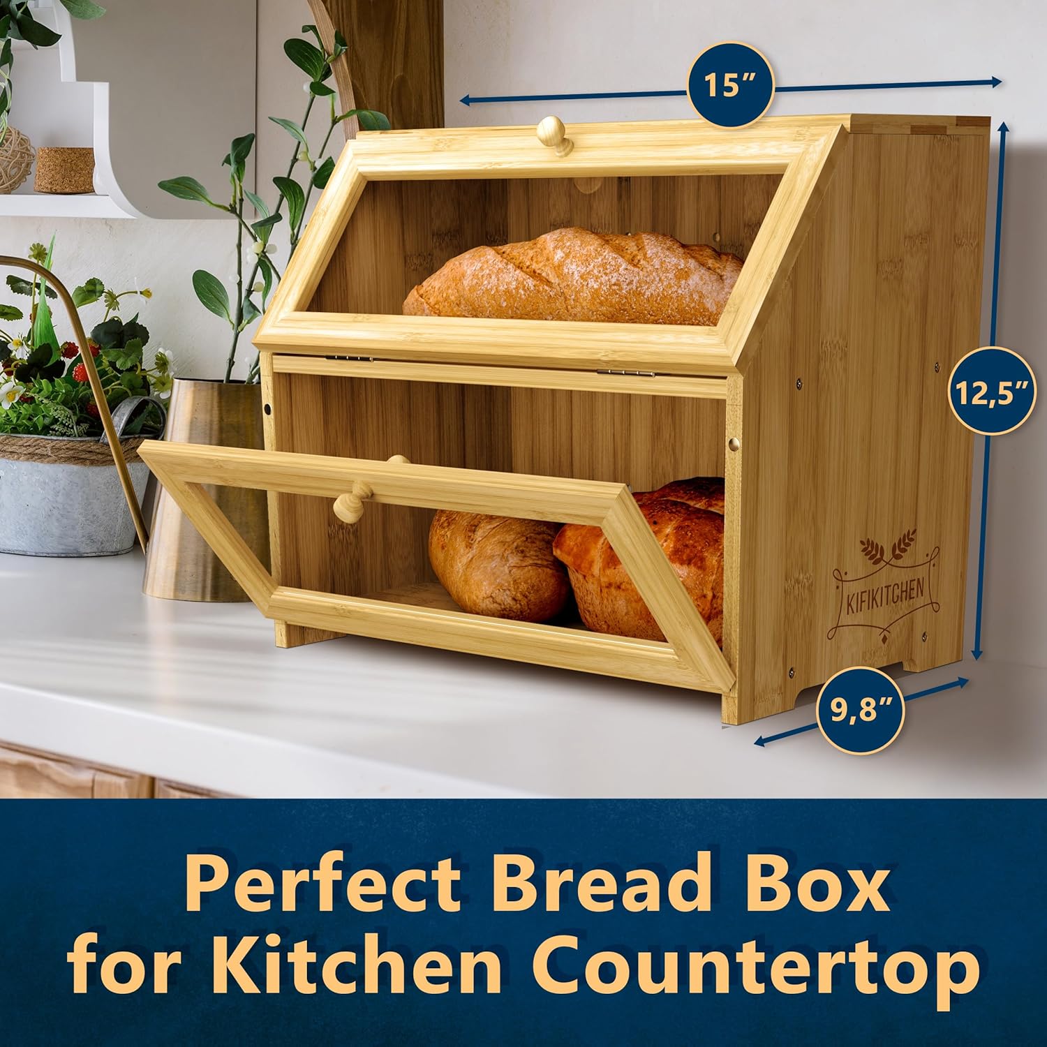 KIFIKITCHEN Bamboo Bread Box Space Saving Rustic Flat-Top Bread Bin for Countertop - Store Bread Cake and Baked Goods - 15 x 9.8 inches (2 Tier box)