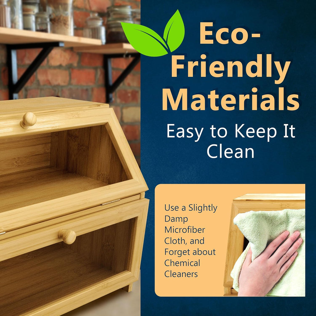 KIFIKITCHEN Bamboo Bread Box Space Saving Rustic Flat-Top Bread Bin for Countertop - Store Bread Cake and Baked Goods - 15 x 9.8 inches (2 Tier box)