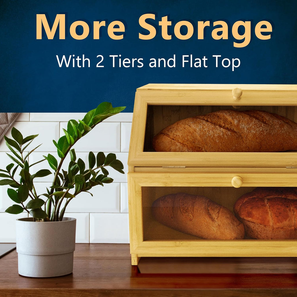 KIFIKITCHEN Bamboo Bread Box Space Saving Rustic Flat-Top Bread Bin for Countertop - Store Bread Cake and Baked Goods - 15 x 9.8 inches (2 Tier box)