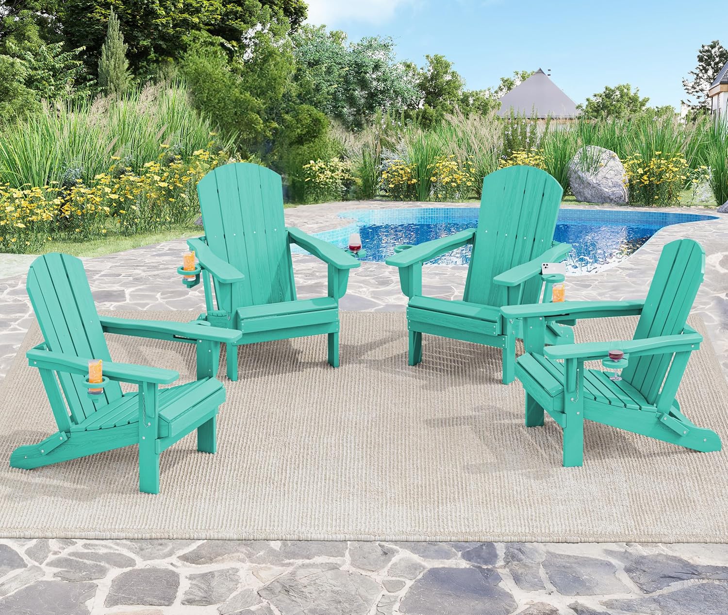 SERWALL Folding Adirondack Chair, HDPE Adirondack Chairs Set of 2, Plastic Outdoor Chairs- Looks Exactly Like Real Wood- Navy